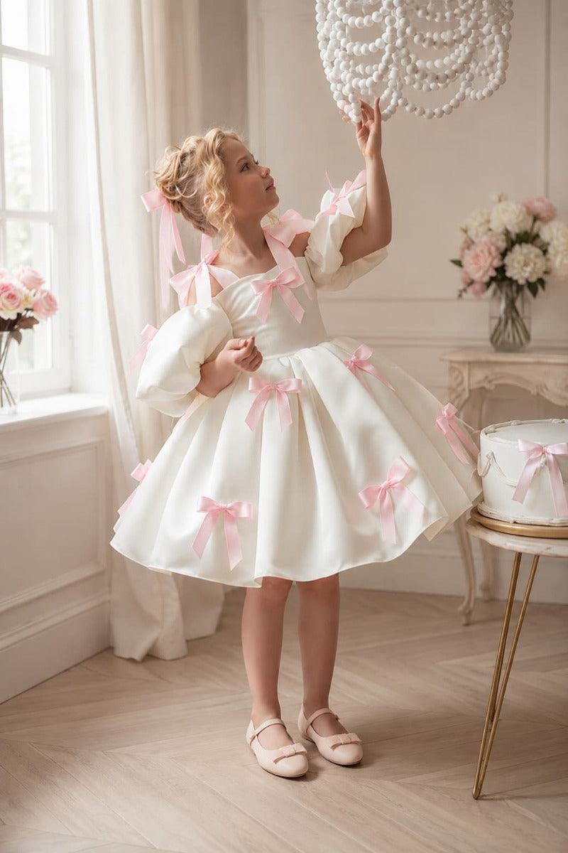 Sweet Satin Cold Shoulder Puff Sleeves Bow Details Flower Girl Dresses 994215152061 - 7 Days / White-Pink / 73cm - COCOMELODY
